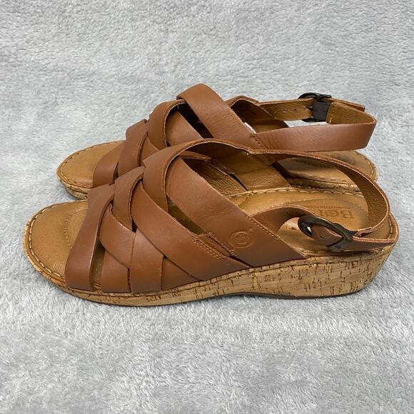 Born Sandals Womens 9 M Brown Tan Laila Leather Woven Strappy Cork Wedge Buckle - Picture 3 of 13